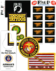 A link to our All Things Military page in the form of an image featuring products such as our Marines property sign, Marine flag stickers, Air Force Honor bear, Army BBQ sauce, Navy Hot Sauce and Coast Guard chili