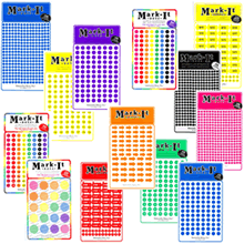 A collage showing several style of Specialty Emporium's Mark-It brand Dots and Arrows including various sized dots in each of the eight available colors plus specialty Mark-It Arrows and packages of transparent Mark-It Dots